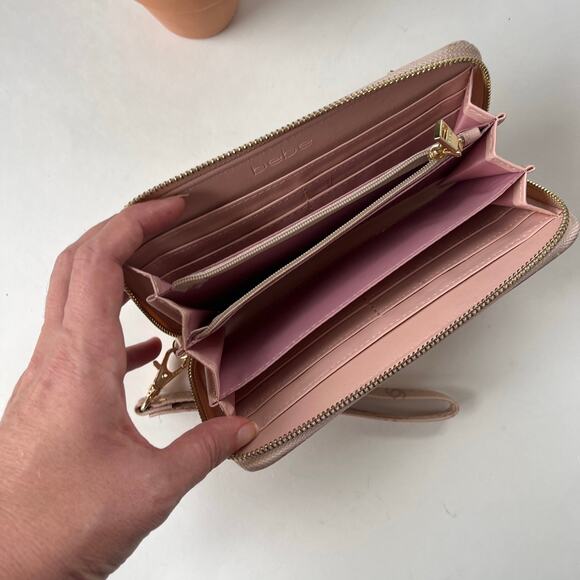 Y2K Bebe Pink Clutch Wristlet Wallet Faux Leather Logo Embossed Zip Preppy Glam - Picture 8 of 8